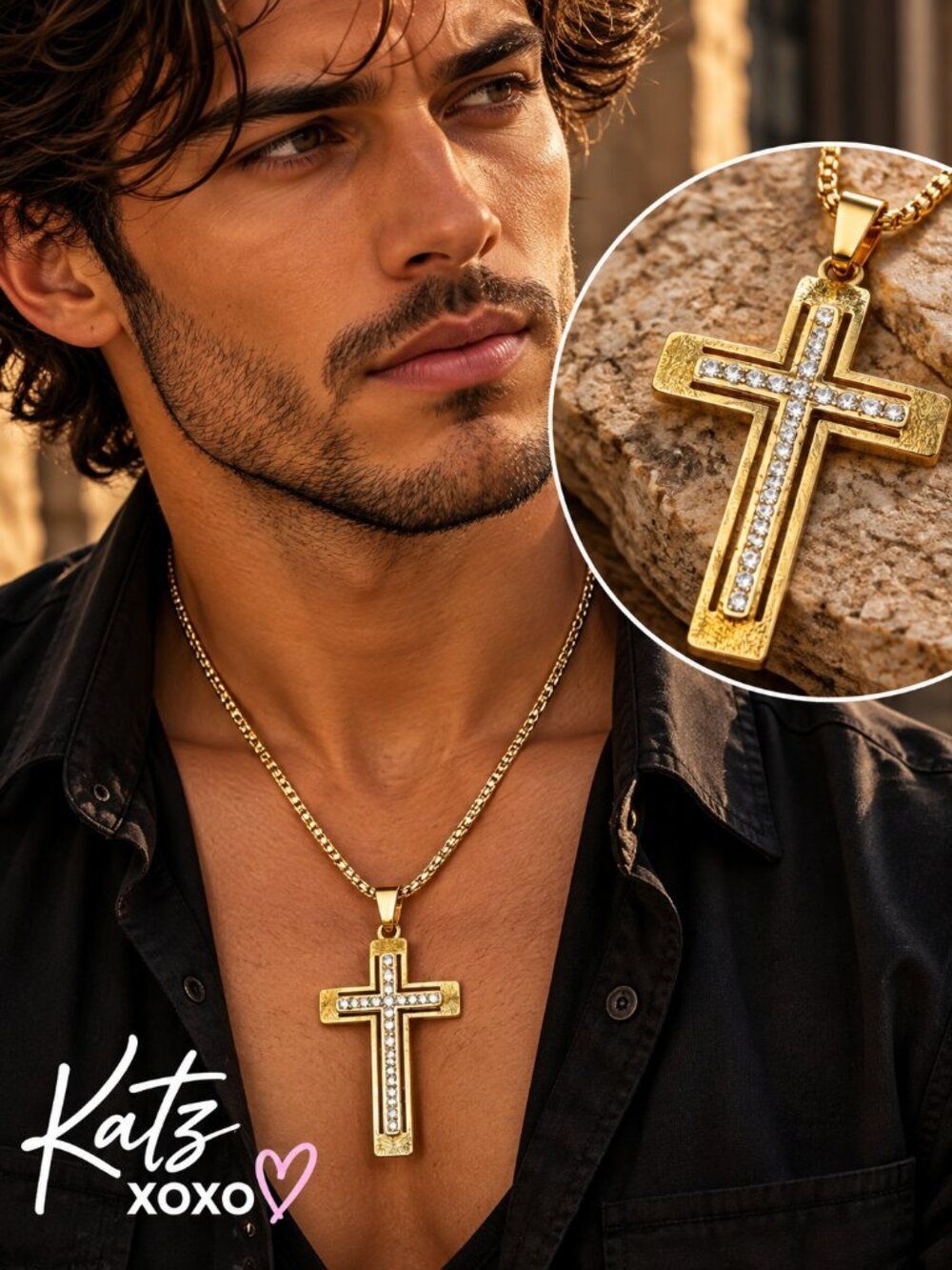 Gold Cross Necklace Mens Pavé Crystal Stainless Steel Christian Faith 24" Chain